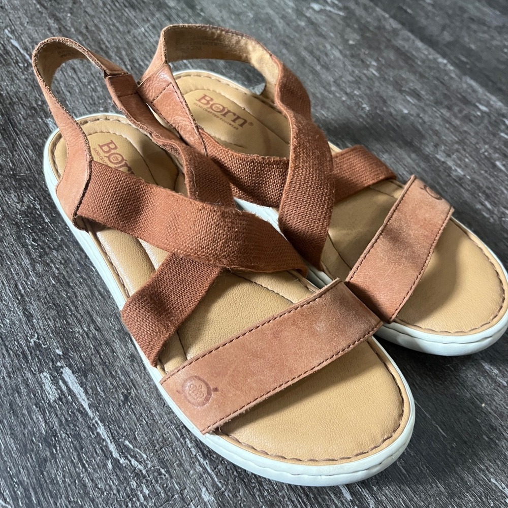 Born Sandals Jayla Handcrafted Footwear Brown Leather & Fabric Slingback Comfort